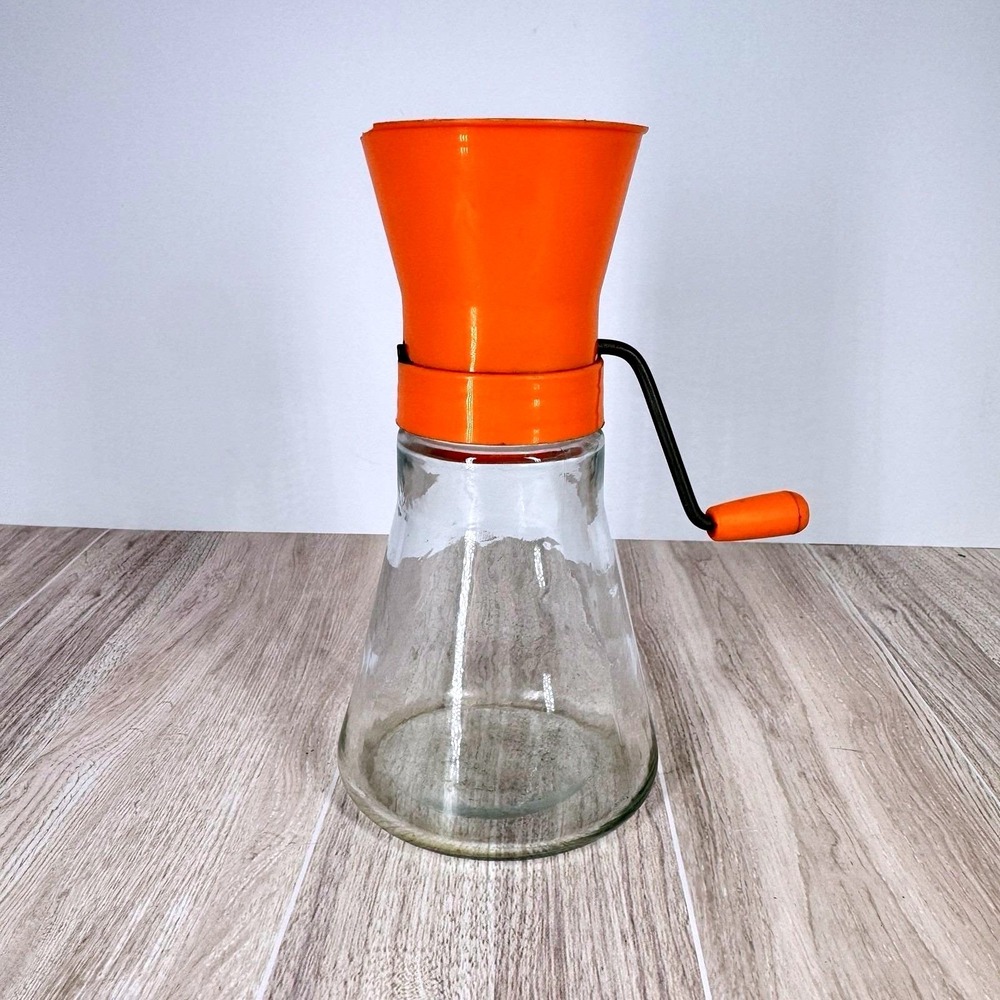 Vintage Androck Orange Nut Chopper Grinder Glass Jar Hand Crank MCM USA